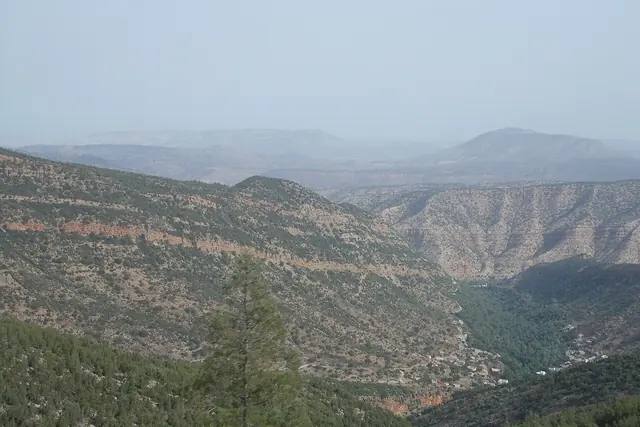 Layered mountain ridges and a deep valley in the hills inland from Agadir